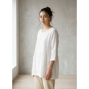 Pure Jill J. Jill White Linen Blend 3/4 Sleeve Seamed Tunic Top Womens Medium